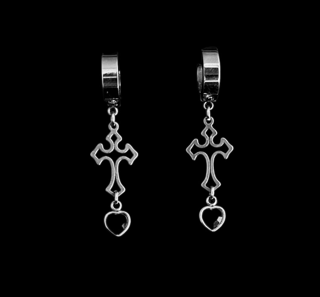 Pointed Cross Black Gem Earrings